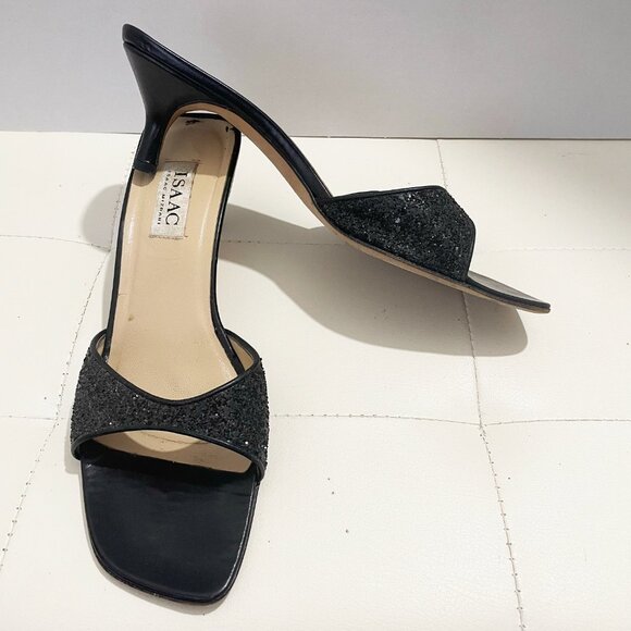 Vintage Isaac Mizrahi Black Open-Toe Mules Heels with Glitter Detail | Size 10B - Picture 11 of 14